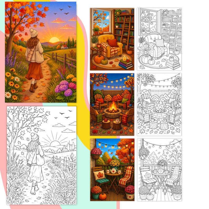 May include: A collection of autumn-themed coloring pages featuring scenes of a person walking on a path, a cozy reading nook, a backyard fire pit, and a patio setting, each presented in both full-color illustrations and black and white line art.