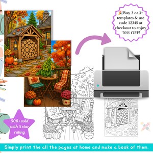 May include: A digital collection of autumn-themed coloring pages featuring a wood shed with stacked logs, pumpkins, and a patio setting with chairs and potted flowers. A printer is shown outputting a black and white page of the designs.