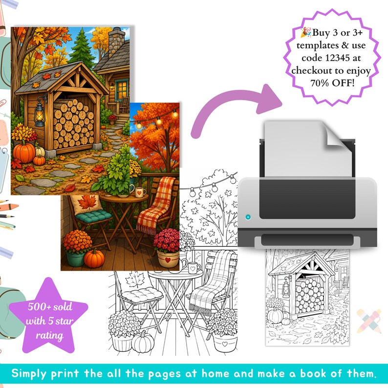 May include: A digital collection of autumn-themed coloring pages featuring a wood shed with stacked logs, pumpkins, and a patio setting with chairs and potted flowers. A printer is shown outputting a black and white page of the designs.
