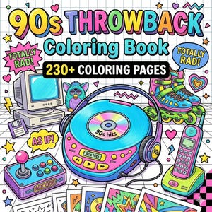 May include: A 90s Throwback Colouring Book with 230+ colouring pages. The cover features colourful illustrations of a retro computer, a Furby, rollerblades, a CD player with headphones, a joystick, and a cordless phone, all on a grid background.