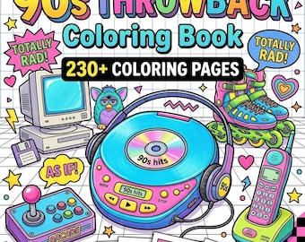 Kleurboek met jaren 90-nostalgie, printbaar, meer dan 230 retro kleurplaten voor volwassenen, jaren 90 throwback PDF, vintage esthetiek, direct te downloaden.