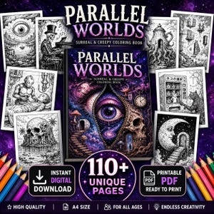Livre de coloriage surréaliste des mondes parallèles, plus de 110 PDF imprimables Dark Fantasy, pages à colorier effrayantes pour adultes, pages à colorier effrayantes pour adultes.