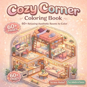 Puede incluir: Un libro para colorear titulado "Cozy Corner" con una ilustración detallada de un interior de casa de varios niveles. La portada presenta el texto "Cozy Corner Coloring Book" y "60+ Relaxing Aesthetic Rooms to Color". Incluye el texto "60+ Páginas", "Stress Relief" y "For Adults & Teens".