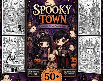 May include: A colouring book titled Spooky Town featuring a central illustration of two characters in gothic attire with a plush rabbit, surrounded by four black and white line art pages showing various characters in a town setting with pumpkins.