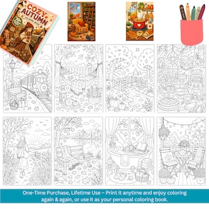 May include: A Cozy Autumn coloring book featuring 70 pages of line art illustrations. The cover shows a person in a scarf and plaid skirt near a train. Inside pages depict seasonal scenes including a hammock, a bridge, a kitchen, and a bathtub.