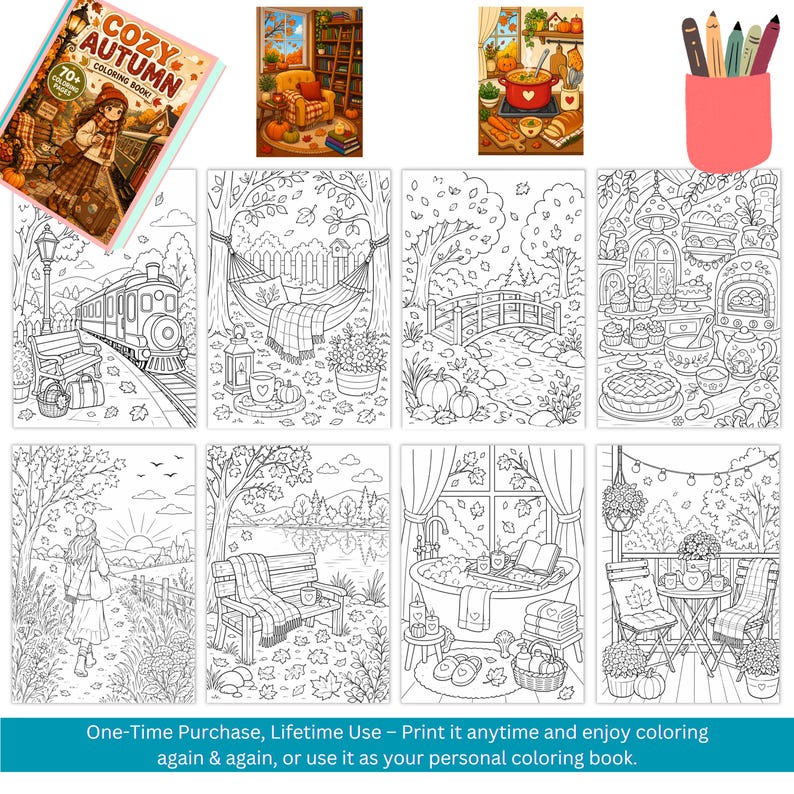 May include: A Cozy Autumn coloring book featuring 70 pages of line art illustrations. The cover shows a person in a scarf and plaid skirt near a train. Inside pages depict seasonal scenes including a hammock, a bridge, a kitchen, and a bathtub.