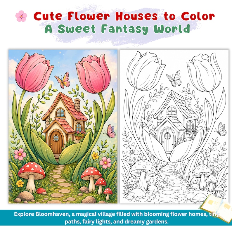 Fairycore Coloring Fairycore Gift Fairy World Fairy Kingdom Magic Garden Magical World Fantasy Realm Mystical Garden Woodland Fairies Fantasy Escape Blooming Cottage Floral Home Flower Cottage Art Garden House Art Botanical Cottage Rose Cottage Wildflower Cottage Flower Village Blooming Houses Nature Fantasy Mushroom Cottage Treehouse Coloring Cozy Homes Coloring Fairytale Coloring Fantasy Homes Cute Cottage Art Whimsical Village Fantasy Landscape Cozy Garden Art Cottagecore Gift