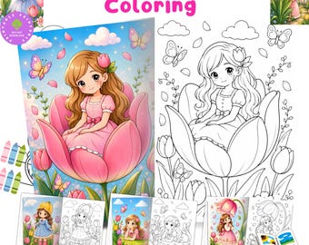 以下が含まれることがあります： 「70+ TULIP GIRL Coloring」と題されたデジタル塗り絵ブック。長い茶色の髪でピンクのドレスを着た少女が大きなピンクのチューリップの中に座っているイラストが特徴で、蝶、雲、様々な花の要素が描かれています。