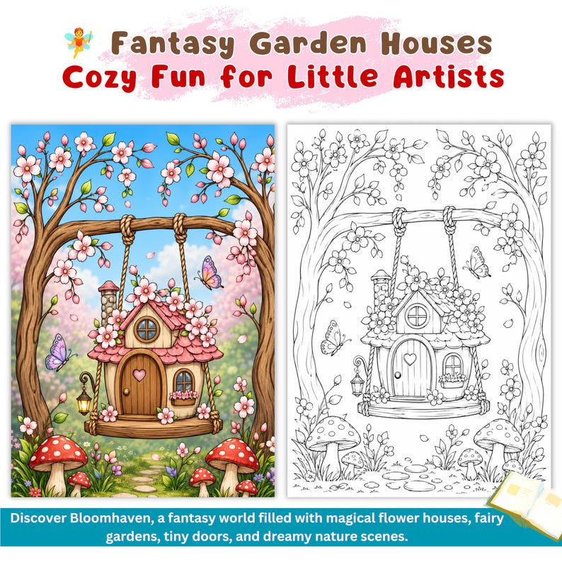 Fairycore Coloring Fairycore Gift Fairy World Fairy Kingdom Magic Garden Magical World Fantasy Realm Mystical Garden Woodland Fairies Fantasy Escape Blooming Cottage Floral Home Flower Cottage Art Garden House Art Botanical Cottage Rose Cottage Wildflower Cottage Flower Village Blooming Houses Nature Fantasy Mushroom Cottage Treehouse Coloring Cozy Homes Coloring Fairytale Coloring Fantasy Homes Cute Cottage Art Whimsical Village Fantasy Landscape Cozy Garden Art Cottagecore Gift