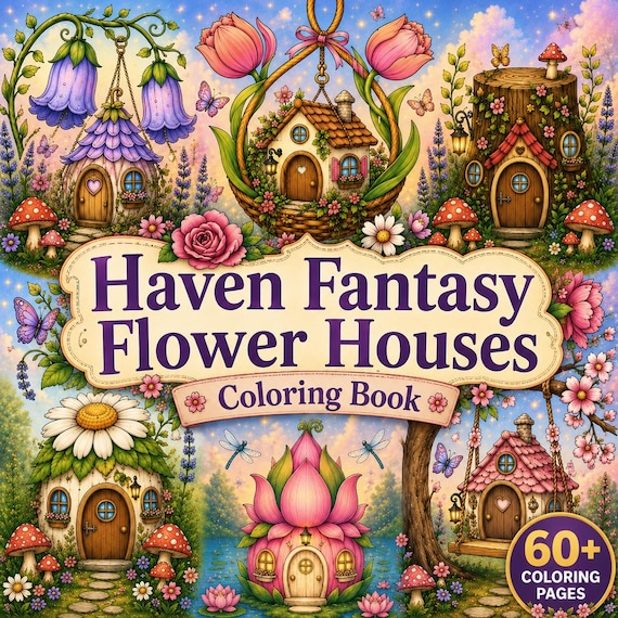 Haven Fantasy Flower Houses Coloring Book 60+ Whimsical Coloring Pages, Bonus Coloring Pages, Coloring Sheets, Stress Relief, Printable PDF