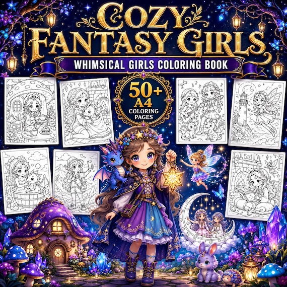Cozy Fantasy Girls Coloring Book | 50+ Cute Magical Girls Coloring Pages | Whimsical Fantasy Coloring Book | Printable PDF for Adults, Teens