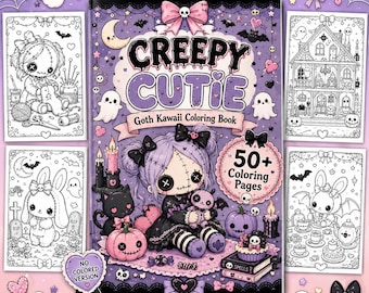 May include: A colouring book titled Creepy Cutie Goth Kawaii Colouring Book featuring a purple cover with a doll illustration, black cat, pumpkins, and candles. The book includes 50+ colouring pages with various black and white line art designs.