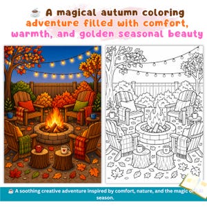 May include: A coloring page featuring a backyard scene with four wooden chairs arranged around a stone fire pit, string lights overhead, and fallen autumn leaves. The text reads: A magical autumn coloring adventure filled with comfort, warmth, and golden seasonal beauty. A soothing creative adventure inspired by comfort, nature, and the magic of season.