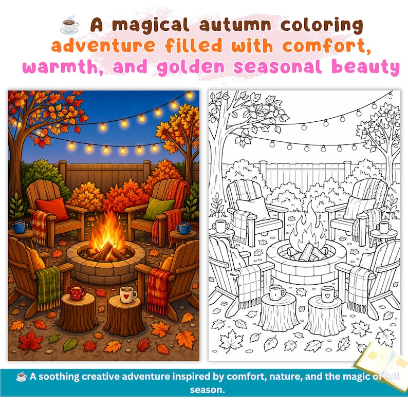 May include: A coloring page featuring a backyard scene with four wooden chairs arranged around a stone fire pit, string lights overhead, and fallen autumn leaves. The text reads: A magical autumn coloring adventure filled with comfort, warmth, and golden seasonal beauty. A soothing creative adventure inspired by comfort, nature, and the magic of season.