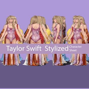 Może przedstawiać: Stylizowany arkusz postaci z wieloma ilustracjami kobiety w różnych strojach. Centralna postać nosi różowy, cekinowy body. Obraz zawiera tekst "Taylor Swift Stylized Character Sheet."