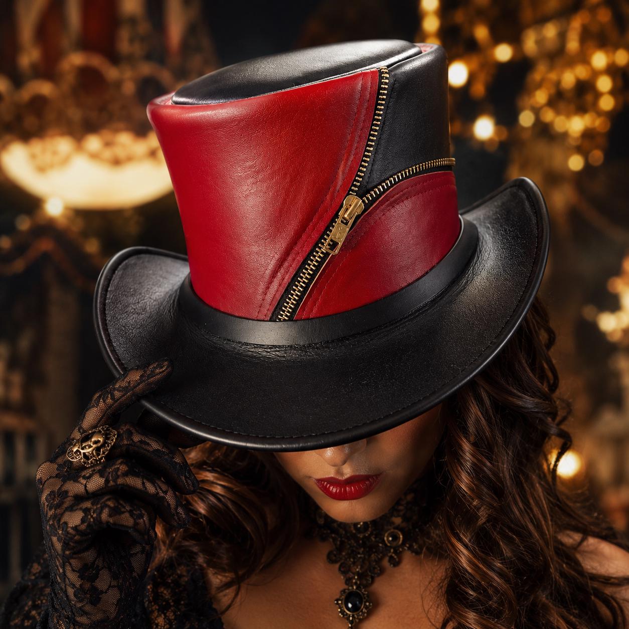 Red Black Leather Steampunk Top Hat with Decorative Zipper - Gothic…