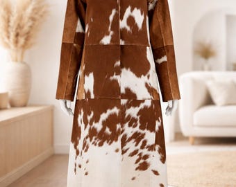 Handmade Brown and White Cowhide Trench Coat | Unique Patchwork Leather Outerwear