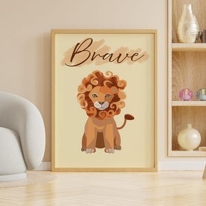 Lion Nursery Wall Art – Brave Safari Animal Print – Hand-Drawn Jungle Decor – Printable Kids Room Poster