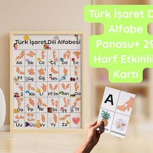 Pode incluir: Uma impressão emoldurada do alfabeto da Língua Gestual Turca, com gestos de mão correspondentes a cada letra. Um sinal verde diz "Türk İşaret Dili Alfabe Panosu+ 29 Harf Etkinlik Kartı". Uma mão segura um cartão com a letra "A" e um abacaxi.