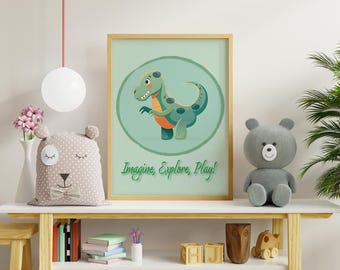 Hand-Drawn Dinosaur Wall Art: Imagine Explore Play - Kids Room Decor (Digital Download)