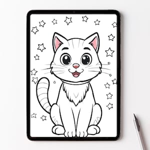 May include: A black tablet displays a black and white cat coloring page surrounded by stars. The cat has large eyes, whiskers, and pink-lined ears. Colored pencils and crayons are scattered around the tablet on a white surface.