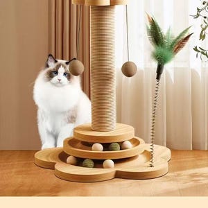 3-in-1 Cat Castle Scratching Post - Organic Hemp Rope and Birch, Interactive Play Tower with Assorted Cat-Friendly Toys
