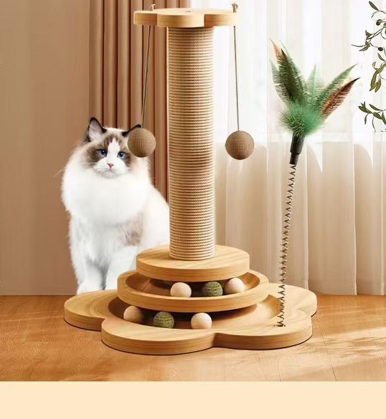 3-in-1 Cat Castle Scratching Post - Organic Hemp Rope and Birch, Interactive Play Tower with Assorted Cat-Friendly Toys