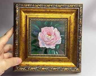 Miniature Floral Oil Painting - Hand-Painted Pink Flower Art, Framed Gift for Her