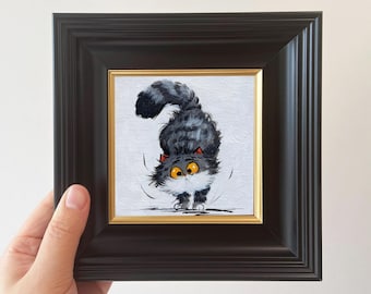 Funny Cat Art: Miniature Oil Painting in Gold Frame