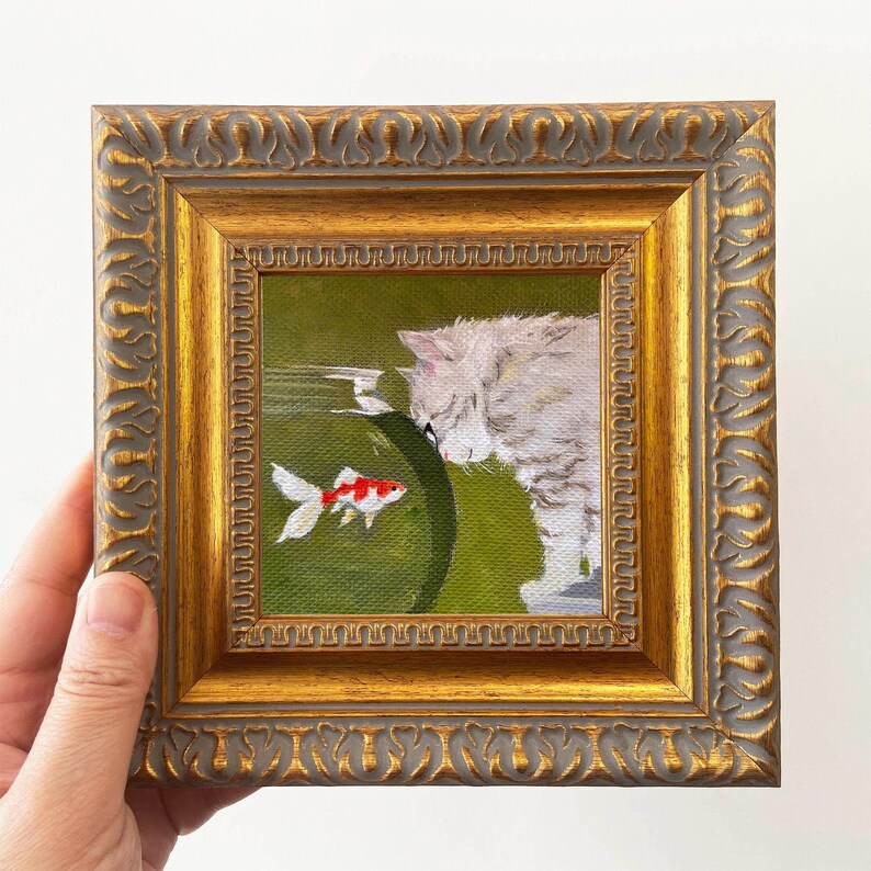 Miniature Oil Painting - Hand-painted Cat-themed Framed Artwork for ...