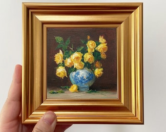 Mini Hand-Painted Yellow Rose Floral Art - Framed Canvas for Housewarming Gift