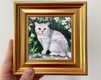 ミニチュア猫の油絵｜手描きのアートワーク、ゴールドフレーム