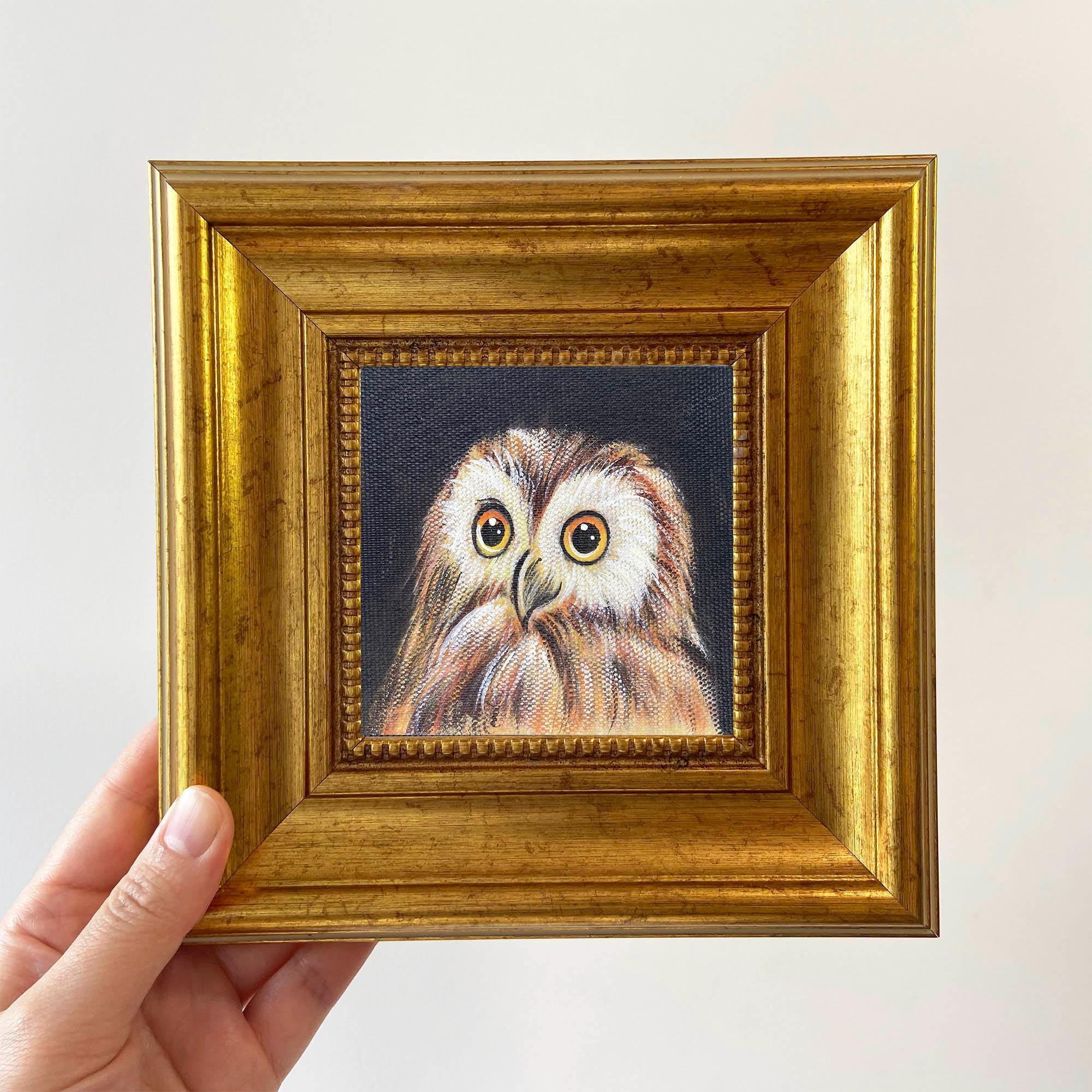 Miniature Owl Oil Painting | Framed Animal-Themed Wall Art | Kids' Room Decor