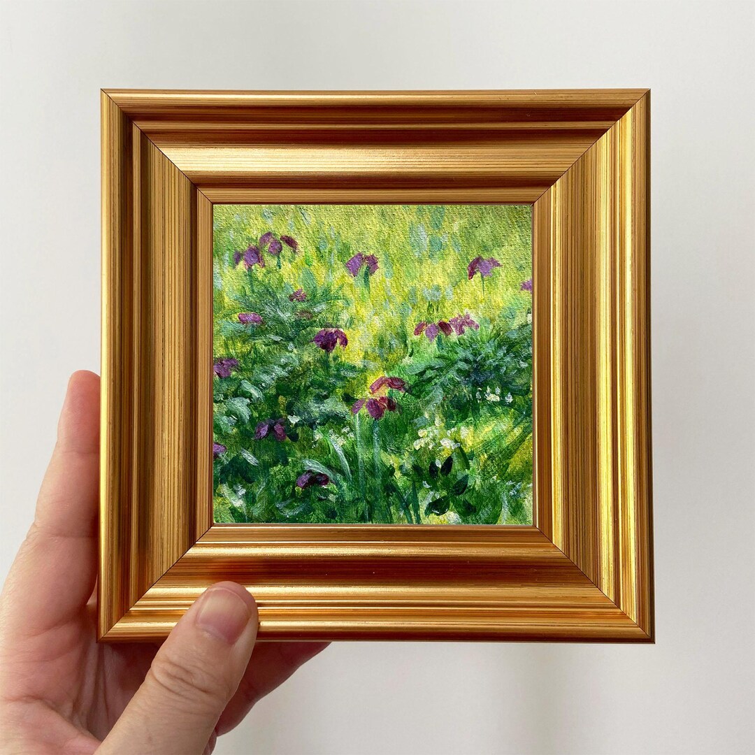 Miniature Hand-painted Floral Oil Art - Framed Iris Painting for Small ... - Custom Painted Art For Small Spaces