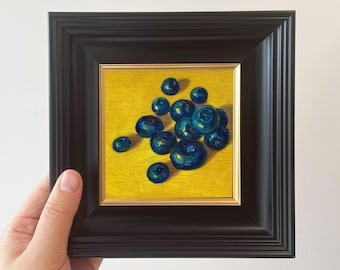 Hand-Painted Blueberry Still Life Miniature Oil Paintings | Kitchen Wall Decor