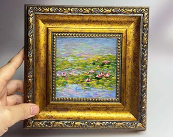 Hand-Painted Miniature Lotus Pond Oil Painting - Impressionistic Framed Artwork for Housewarming Gift
