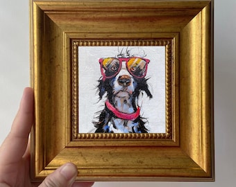 白い犬の絵 小さな絵 5x7 オリジナル油絵 ペットの肖像画 かわいい犬