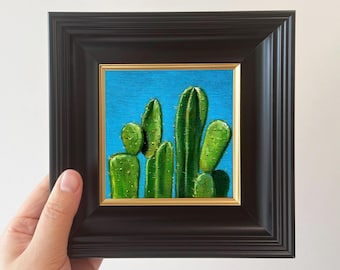 Peintures à l'huile miniatures - Art de cactus encadré peint à la main pour une décoration sur le thème des plantes
