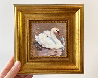 ミニチュア白鳥の油絵 | 動物アート | 小さな壁飾り