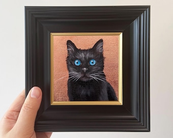 Miniature Black Cat Oil Painting - Handcrafted Artwork Decorated with Rose Gold Leaf