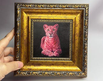 Pink Cheetah Art | Framed Miniature Oil Painting | Unique Room Decor
