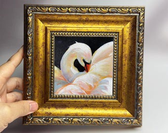 Handcrafted Swan Miniature Oil Painting - Gold Frame, Animal Art, Small Wall Decor