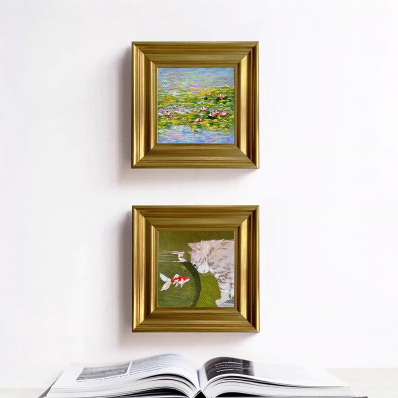 Miniature Oil Painting - Hand-painted Cat-themed Framed Artwork for ...