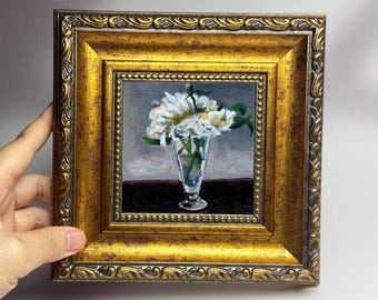 Framed Still Life Floral Art | Hand-Painted Miniature Oil Paintings | Vintage Decor