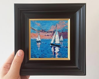 Hand Painted Miniature Oil Painting - Framed Impressionistic Blue Ocean Art - Small Wall Decoration