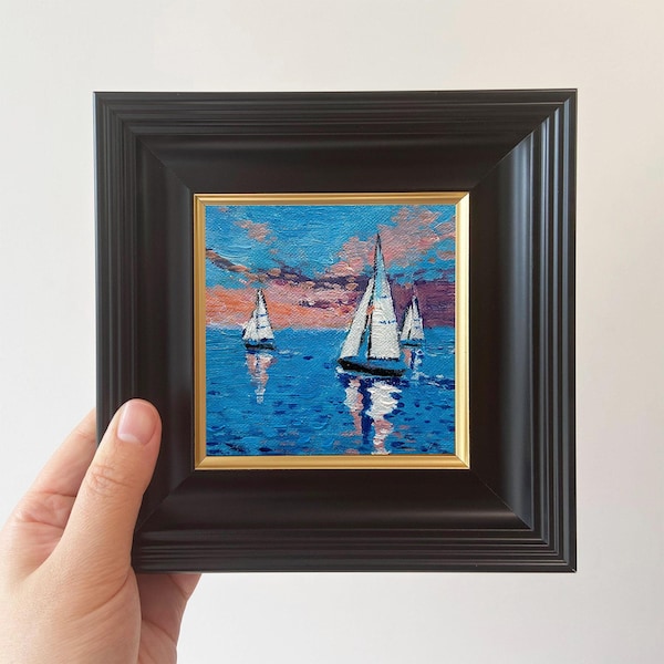 Hand Painted Miniature Oil Painting - Framed Impressionistic Blue Ocean Art - Small Wall Decoration