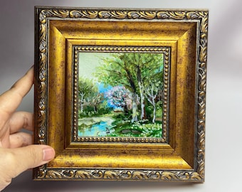 Miniaturas pintadas a mano al óleo / Paisajes de bosques verdes / Regalos artísticos enmarcados para nuevos hogares