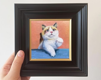 Retratos de gatos pintados à mão e emoldurados | Pinturas a óleo em miniatura | Presentes exclusivos para amantes de gatos