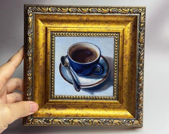 Arte con tazas de café: miniaturas pintadas a mano al óleo para decorar la pared de la cocina con temática gastronómica.