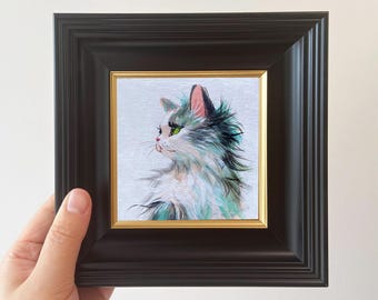 Original Miniature Oil Painting - Framed Cat Portrait Art | Small Wall Decoration for Cat Lovers